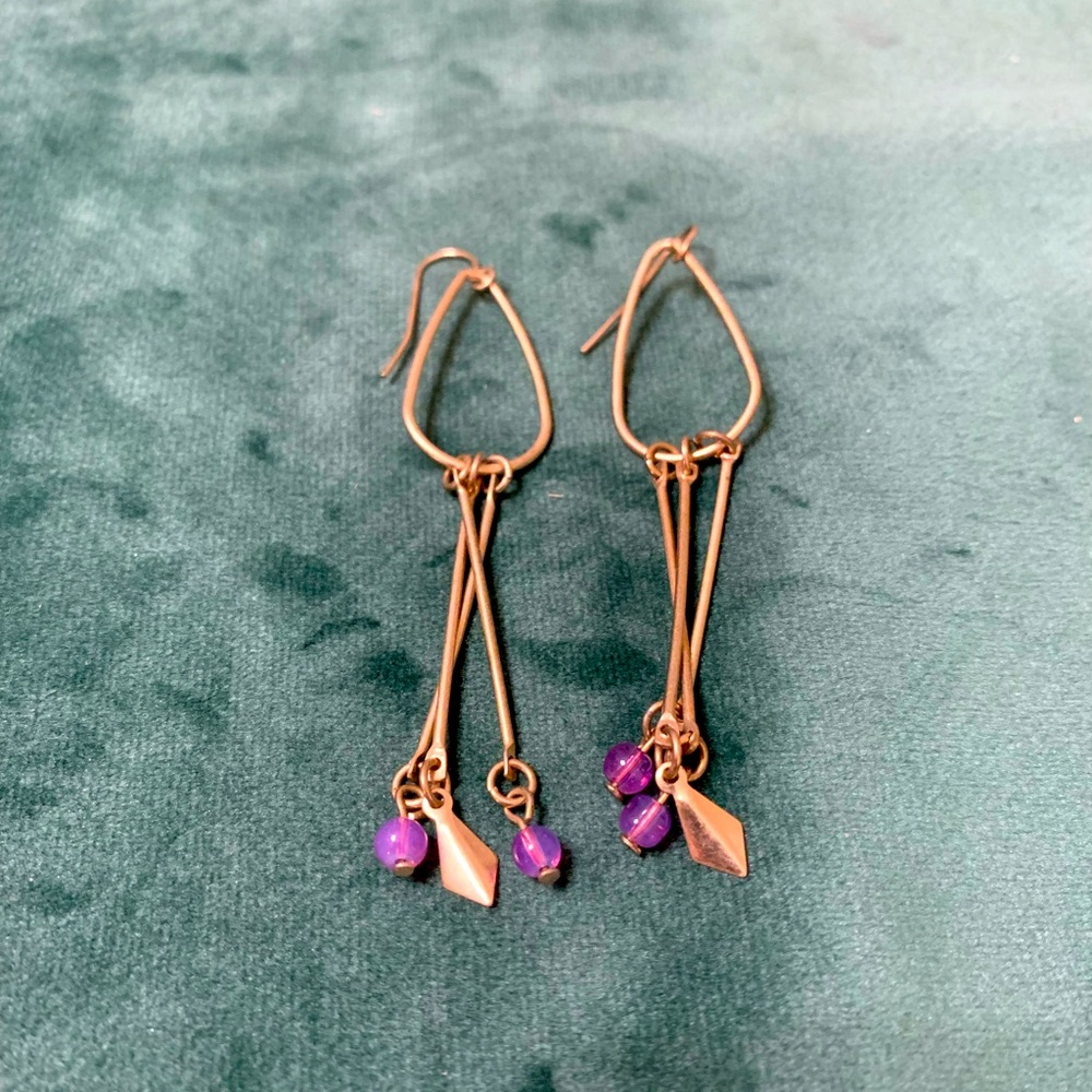 Gold Dangling Earrings - Purple Stones